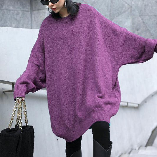 Cozy Purple Sweaters Oversized O Neck Batwing Sleeve Crane Tops