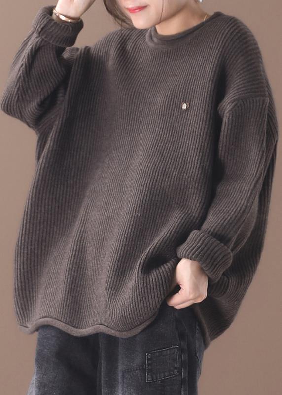 Cozy Winter Khaki Knitted Blouse Fall O Neck Sweater Tops