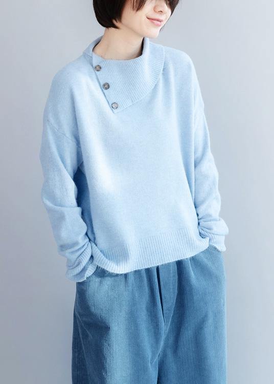 Cozy Winter Light Blue Knit Sweat Tops Long Sleeve Clothes
