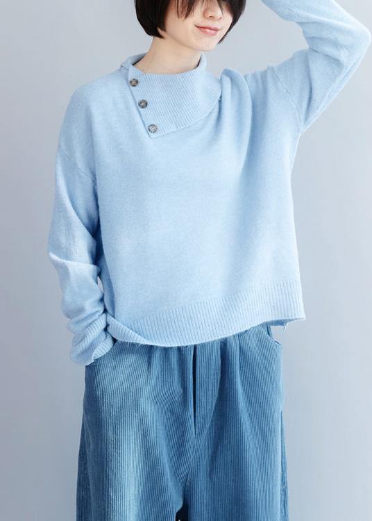 Cozy Winter Light Blue Knit Sweat Tops Long Sleeve Clothes