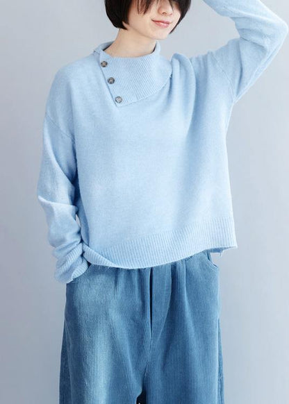 Cozy Winter Light Blue Knit Sweat Tops Long Sleeve Clothes