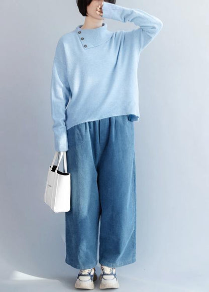 Cozy Winter Light Blue Knit Sweat Tops Long Sleeve Clothes