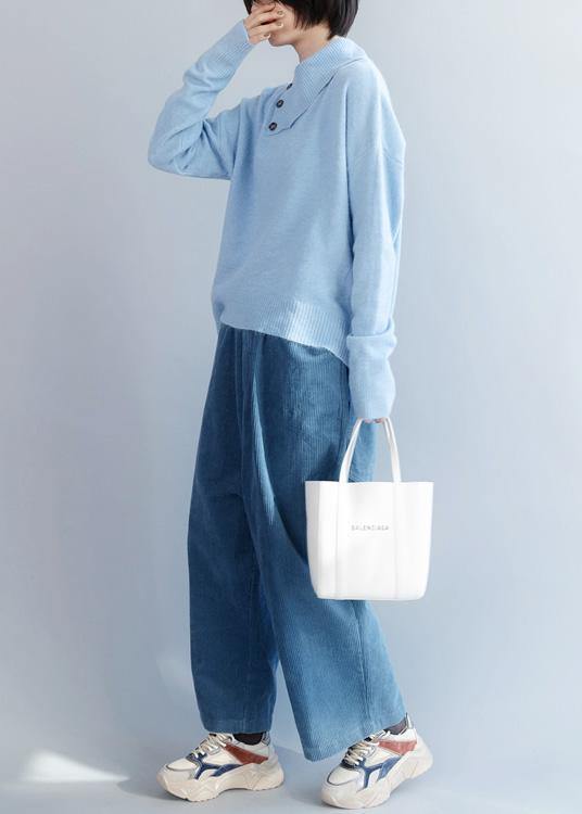 Cozy Winter Light Blue Knit Sweat Tops Long Sleeve Clothes