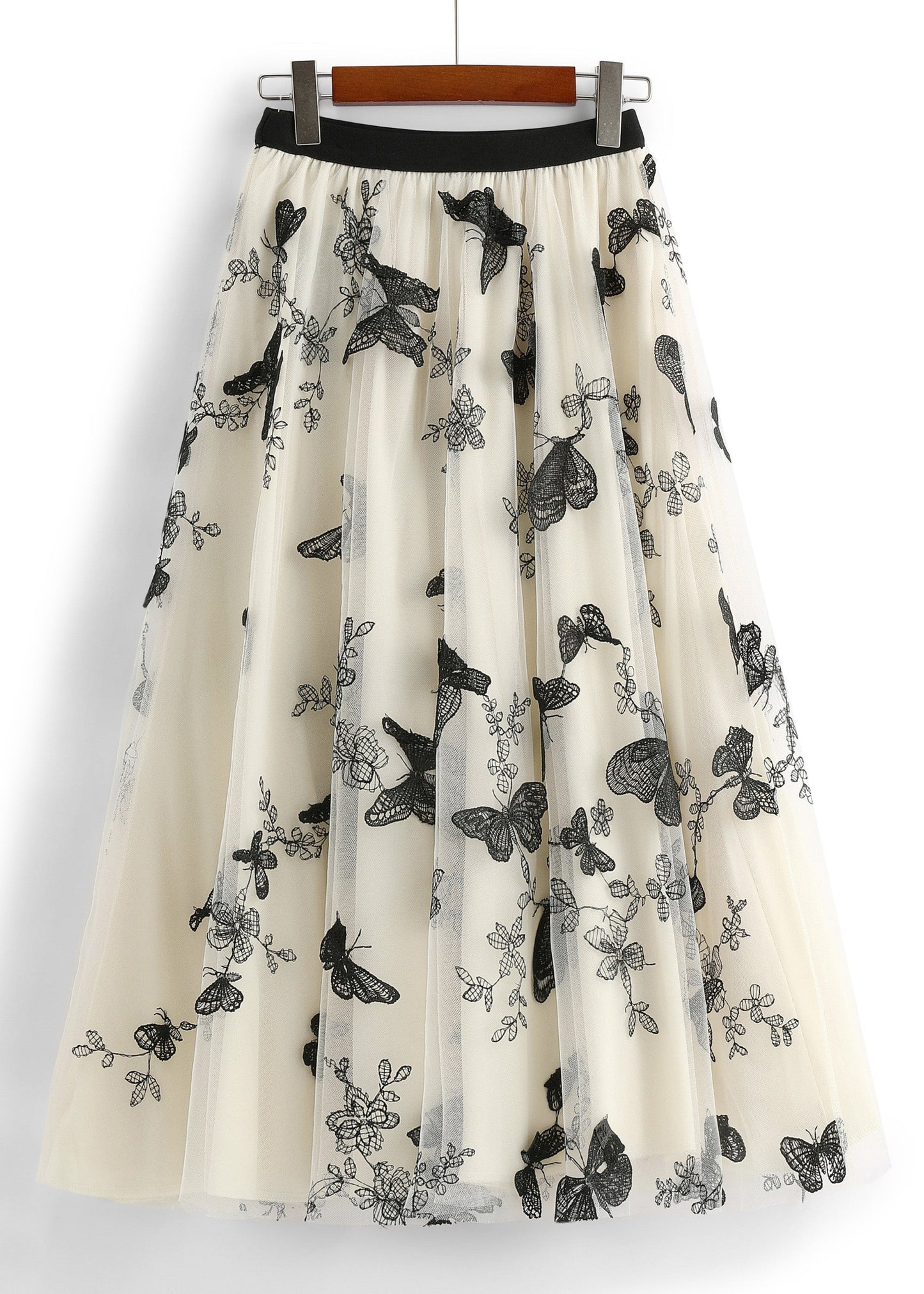Apricot Butterfly Embroidered Elastic Waist Tulle a Line Skirts Spring