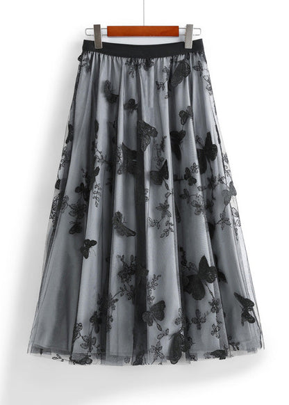 Apricot Butterfly Embroidered Elastic Waist Tulle a Line Skirts Spring