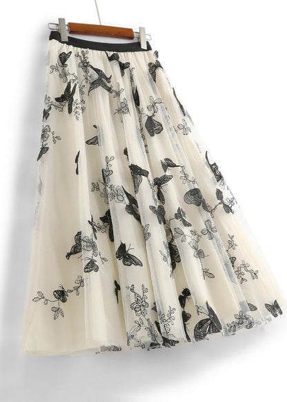 Apricot Butterfly Embroidered Elastic Waist Tulle a Line Skirts Spring