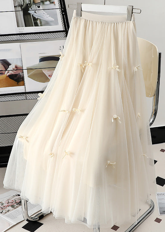 Apricot Elastic Waist Bow Tulle a Line Skirts Spring