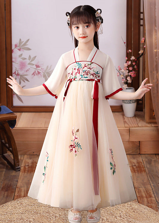 Apricot Embroideried Patchwork Tulle Kids Long Dress Short Sleeve