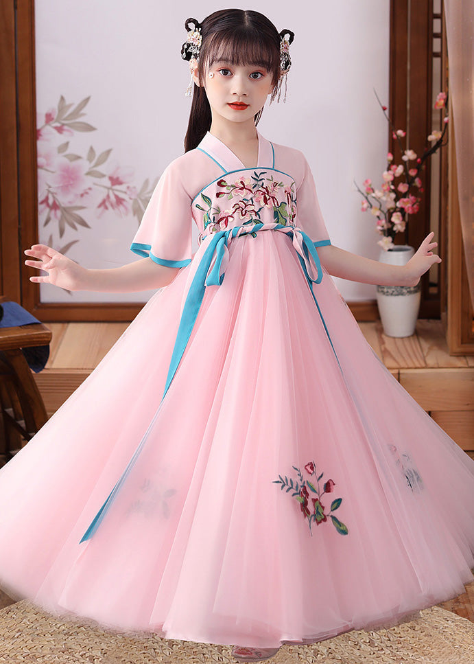 Apricot Embroideried Patchwork Tulle Kids Long Dress Short Sleeve