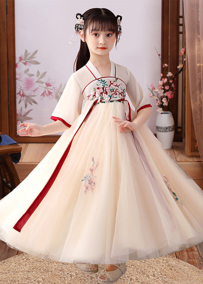 Apricot Embroideried Patchwork Tulle Kids Long Dress Short Sleeve