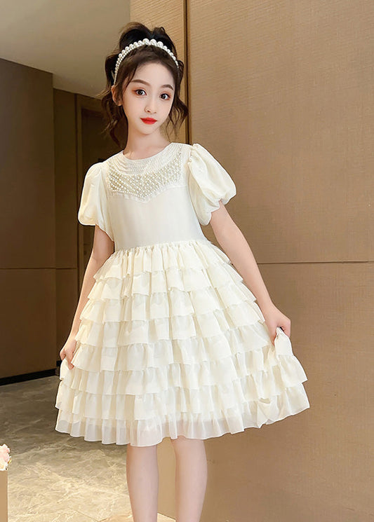 Apricot O-neck Patchwork Chiffon Layered Long Dress Short Sleeve