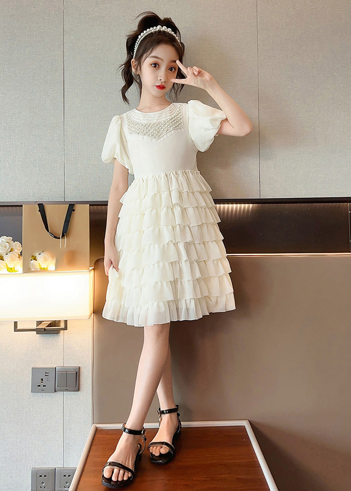 Apricot O-neck Patchwork Chiffon Layered Long Dress Short Sleeve