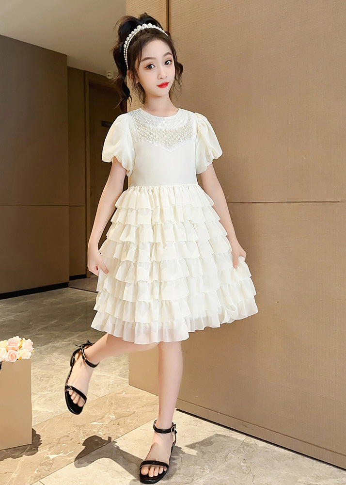 Apricot O-neck Patchwork Chiffon Layered Long Dress Short Sleeve
