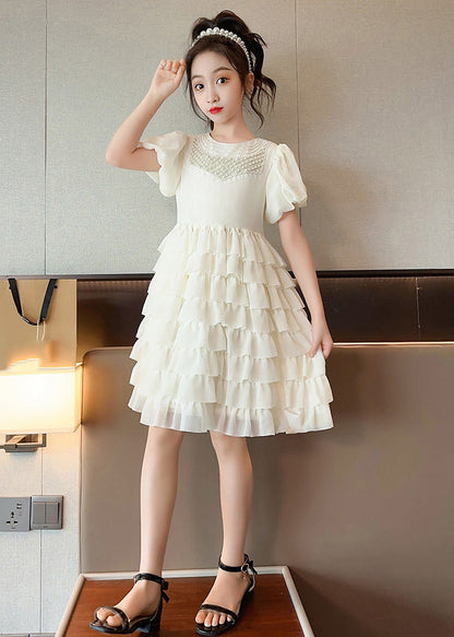 Apricot O-neck Patchwork Chiffon Layered Long Dress Short Sleeve