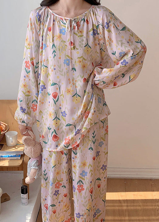 Apricot O-neck Print Silk Velvet Top and Pants Two Pieces Set Long Sleeve