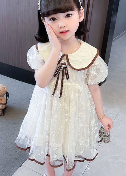 Apricot Peter Pan Collar Wrinkled Patchwork Tulle Baby Dresses Summer