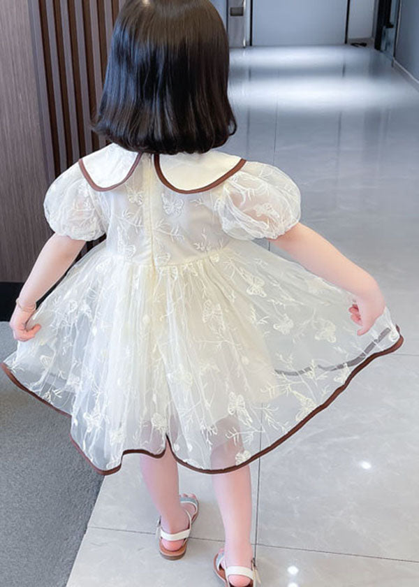 Apricot Peter Pan Collar Wrinkled Patchwork Tulle Baby Dresses Summer