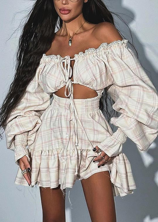 Apricot Plaid Cold Shoulder Cotton Tea Dress Summer