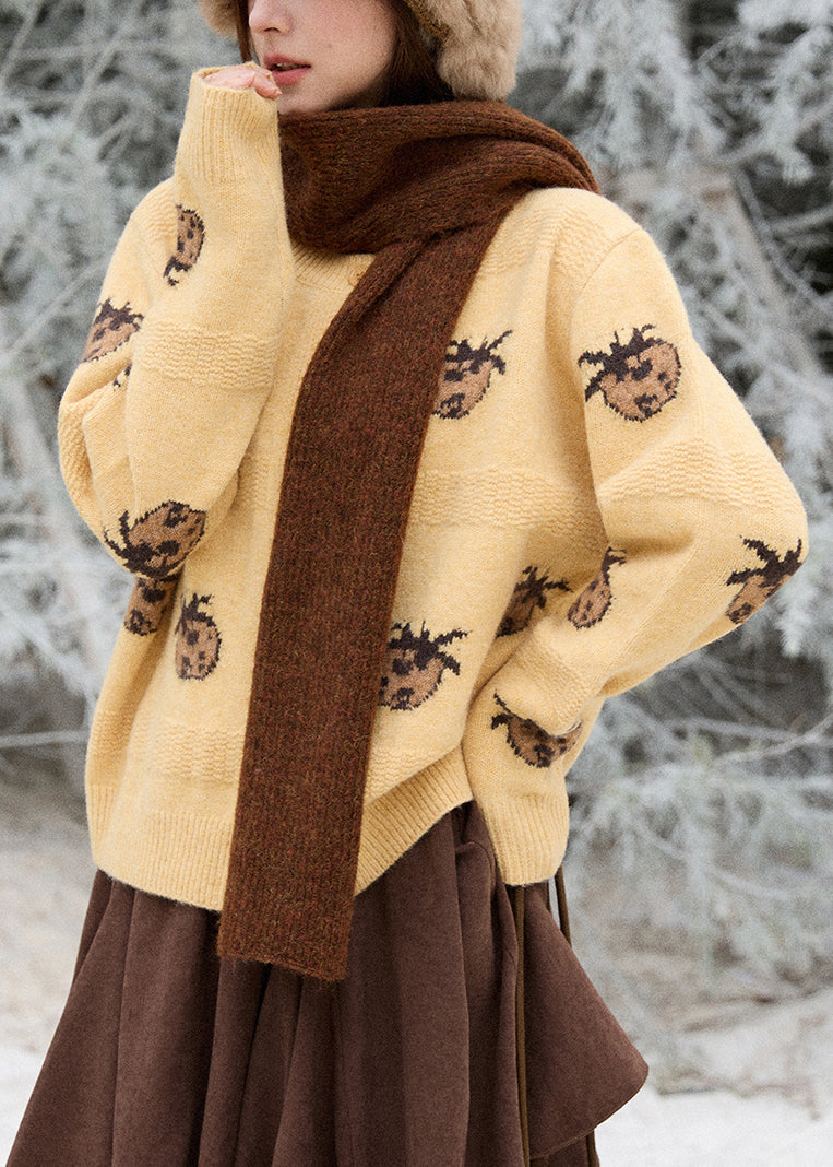 Apricot Print Button Cotton Knit Cardigan Long Sleeve