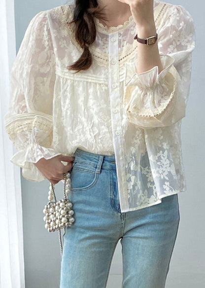 Apricot Ruffled Patchwork Button Shirts Spring
