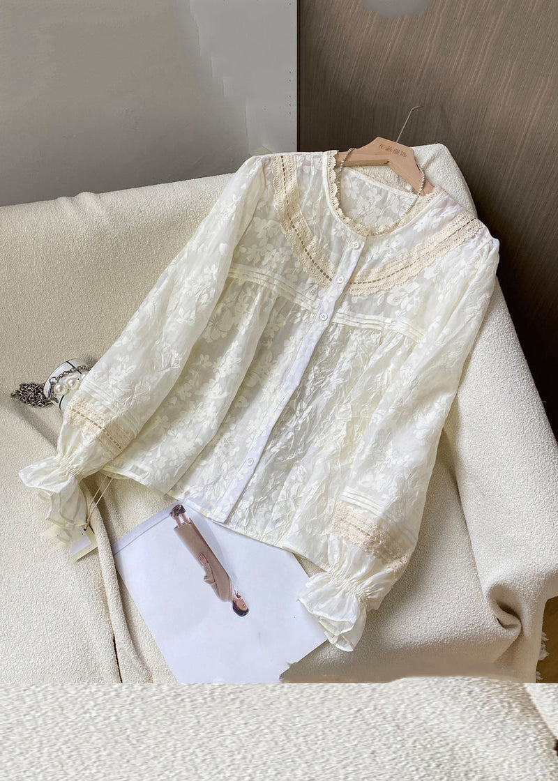 Apricot Ruffled Patchwork Button Shirts Spring