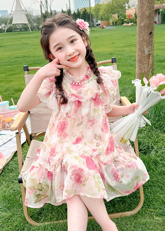 Apricot Stand Collar Print Tulle Mid Dress Summer