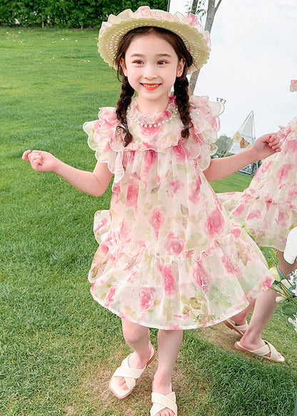 Apricot Stand Collar Print Tulle Mid Dress Summer