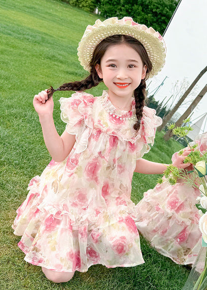 Apricot Stand Collar Print Tulle Mid Dress Summer