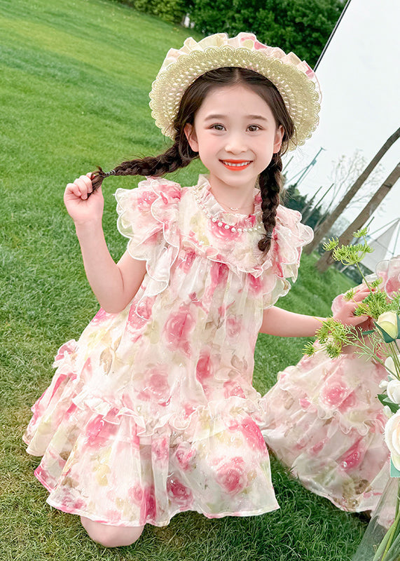 Apricot Stand Collar Print Tulle Mid Dress Summer