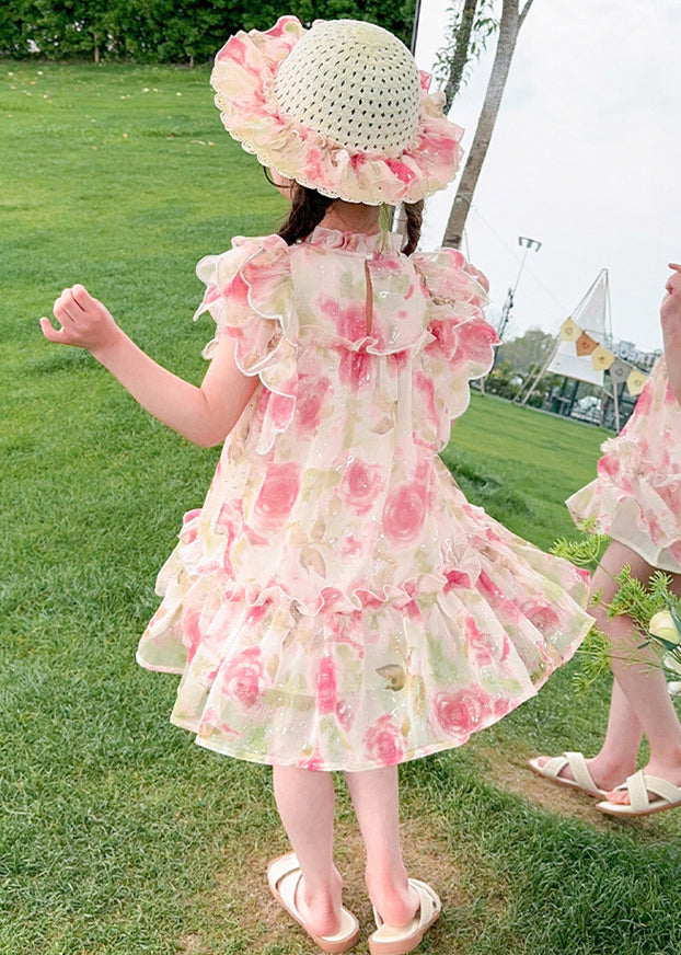 Apricot Stand Collar Print Tulle Mid Dress Summer