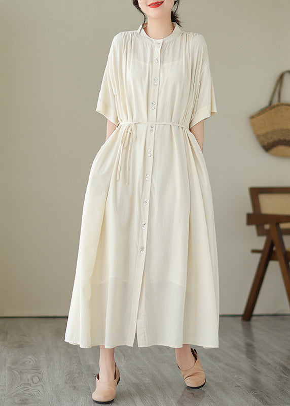 Apricot Tie Waist Long Dress Short Sleeve