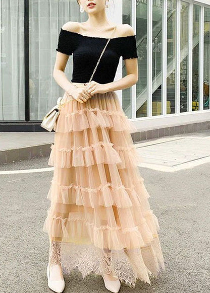 Apricot Wrinkled Lace Patchwork Tulle Skirts Spring