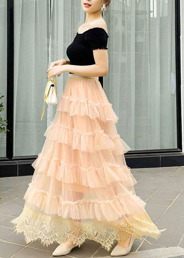 Apricot Wrinkled Lace Patchwork Tulle Skirts Spring