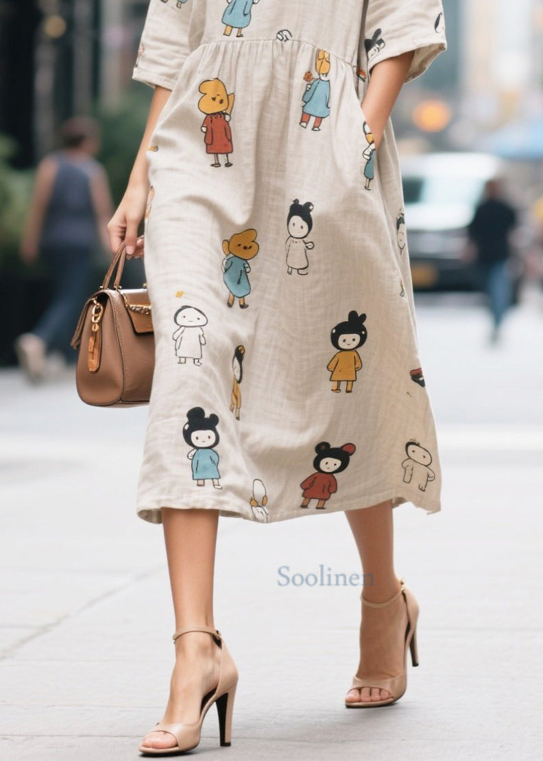 Beige Character Print Cotton Long Dress Half Sleeve