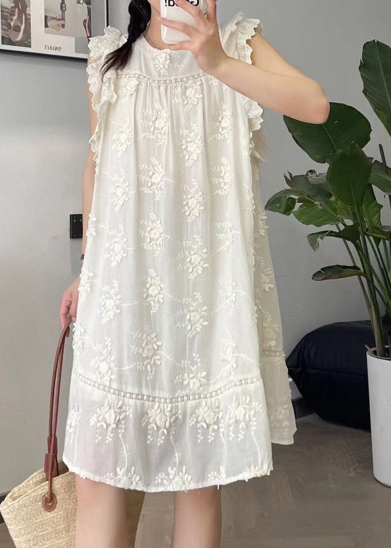 Beige O-neck Embroidered Silk Cotton Mid Dress Summer