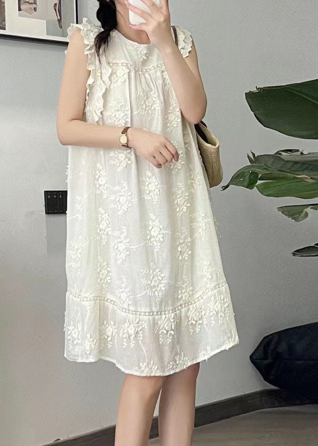Beige O-neck Embroidered Silk Cotton Mid Dress Summer