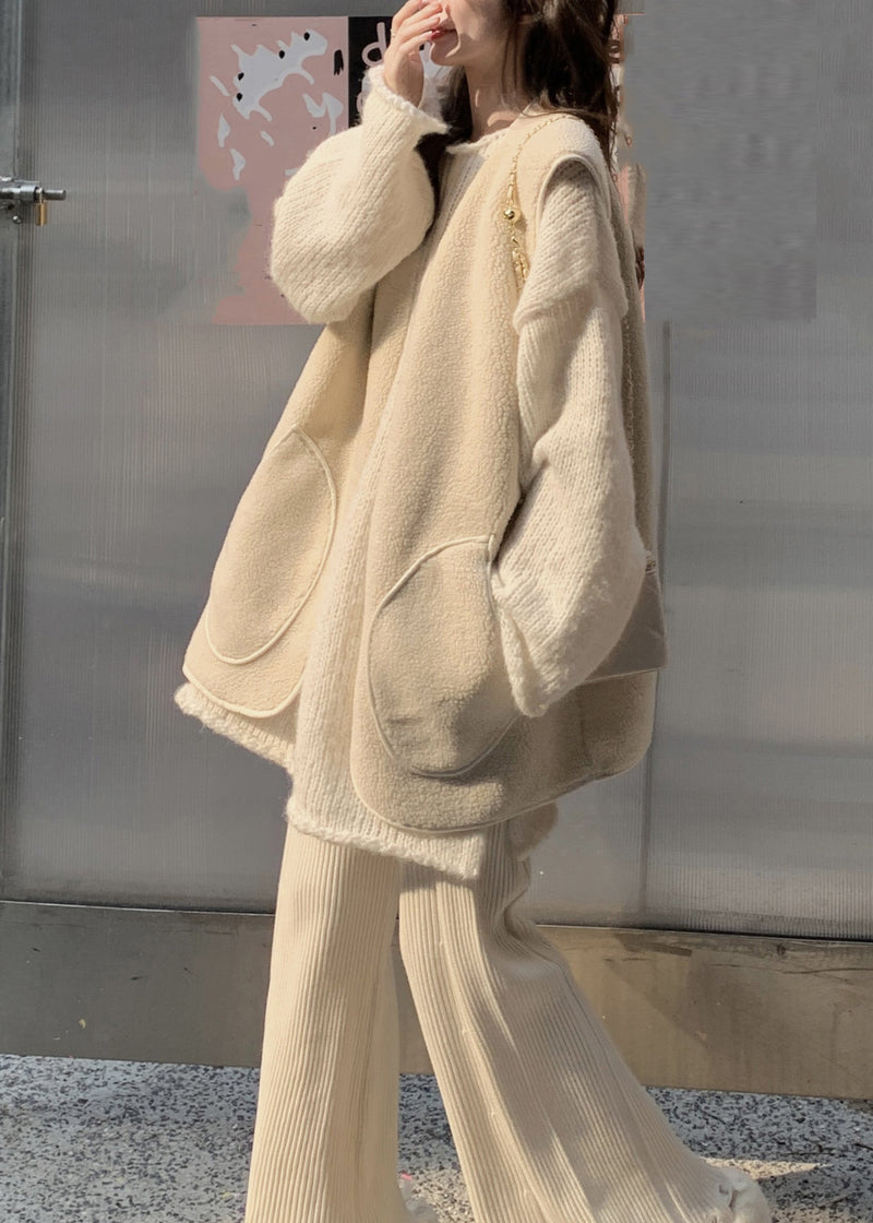 Beige O-neck Thick Cotton Knit Waistcoat Sweaters and Trousers Three Piece Set Spring