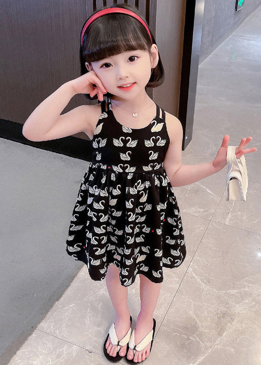 Black Animal Print Patchwork Cotton Slip Long Dress Summer