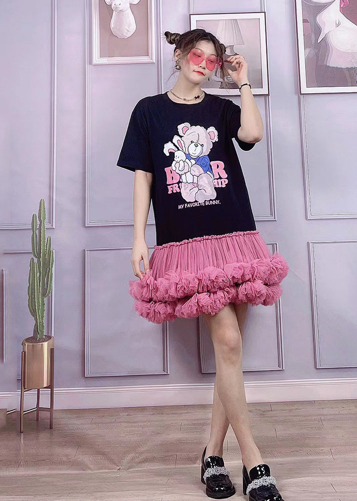 Black O-neck Bear Applique Tulle Patchwork Cotton Pleated Dress Short Sleeve