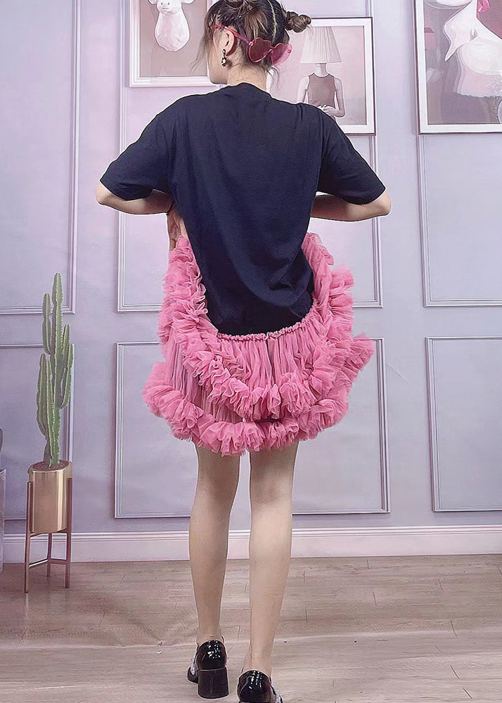 Black O-neck Bear Applique Tulle Patchwork Cotton Pleated Dress Short Sleeve