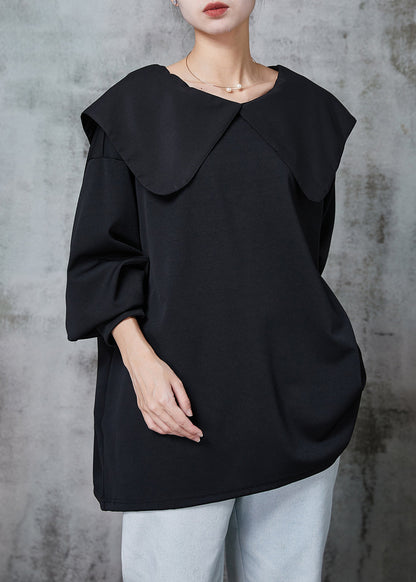 Black Peter Pan Collar Bow Cotton Shirt Top Spring