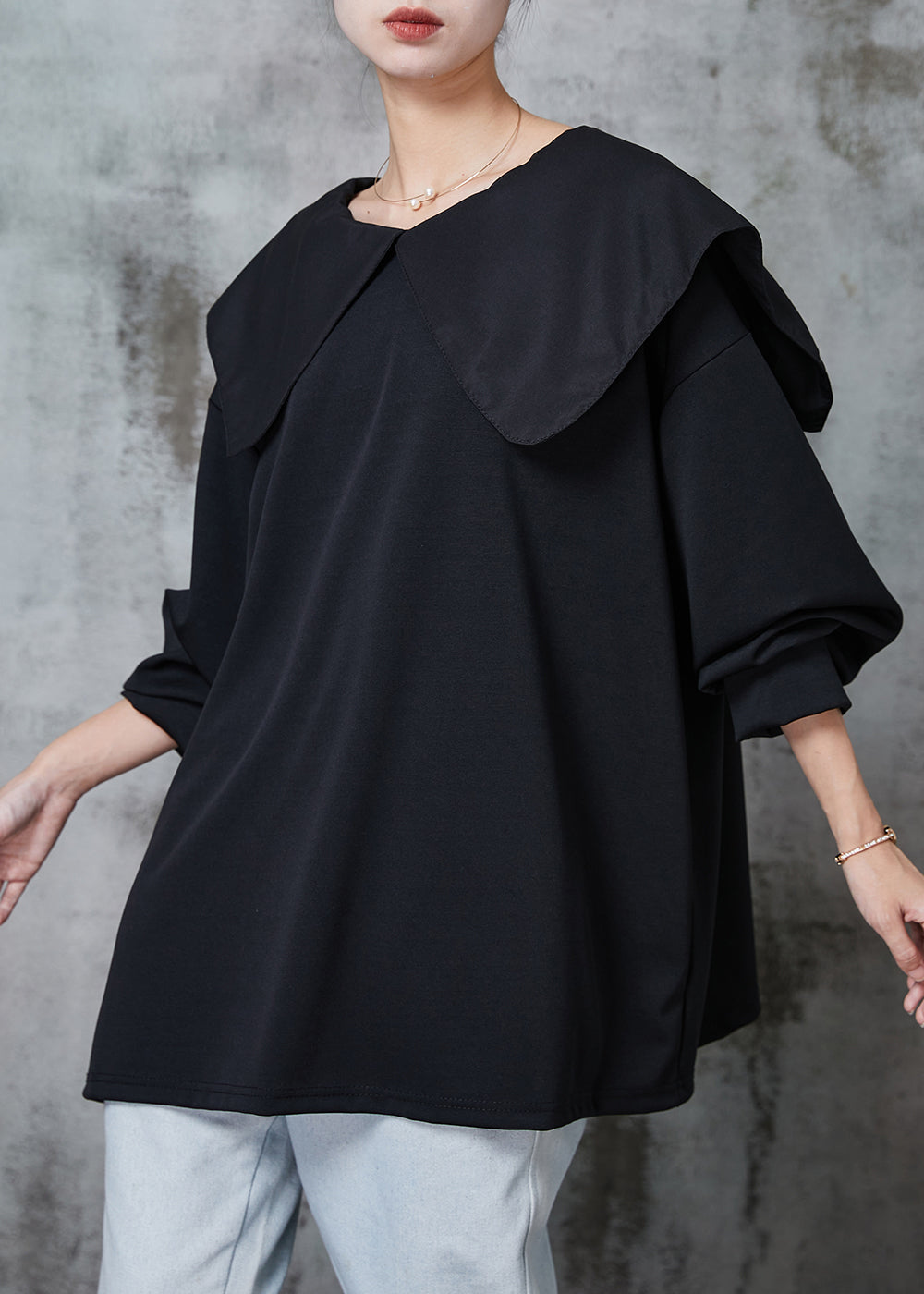 Black Peter Pan Collar Bow Cotton Shirt Top Spring