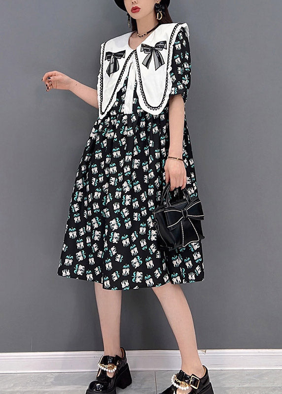 Black Peter Pan Collar Bow Print Chiffon a Line Dresses Short Sleeve