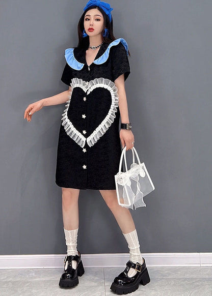 Black Peter Pan Collar Love Tulle Patchwork Shirt Dress Short Sleeve