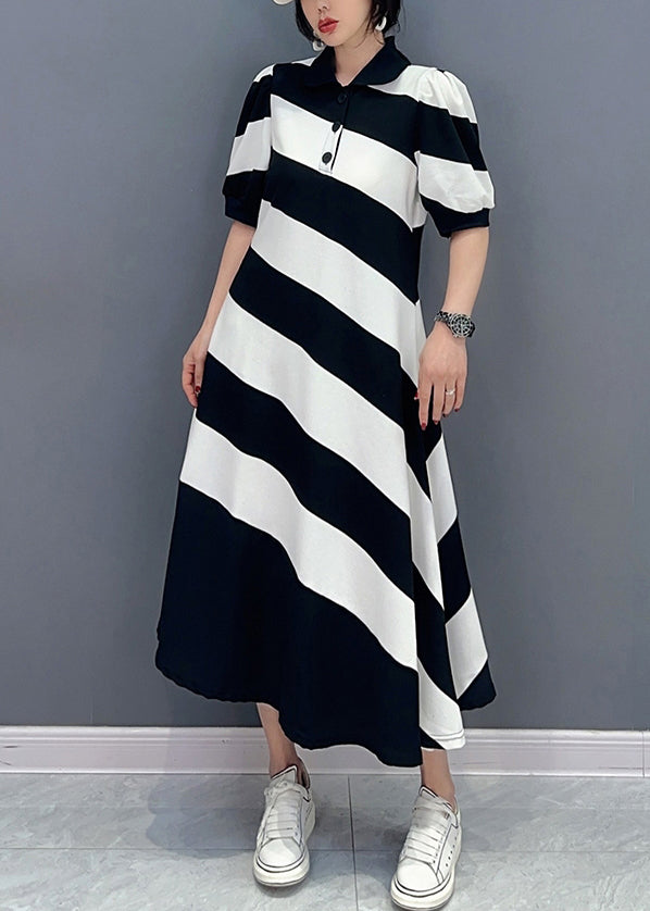 Black White Striped Peter Pan Collar Patchwork Long Dress Short Sleeve