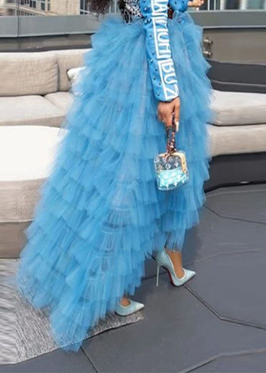 Blue Asymmetrical High Waist Patchwork Tulle Skirt Summer