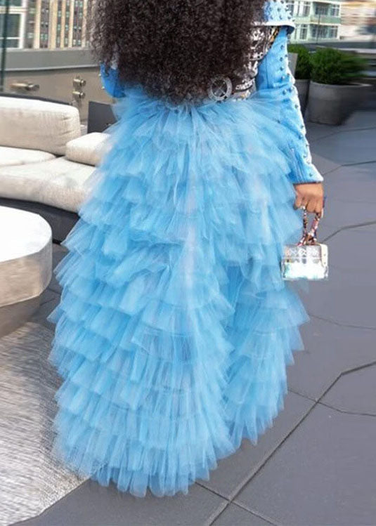 Blue Asymmetrical High Waist Patchwork Tulle Skirt Summer