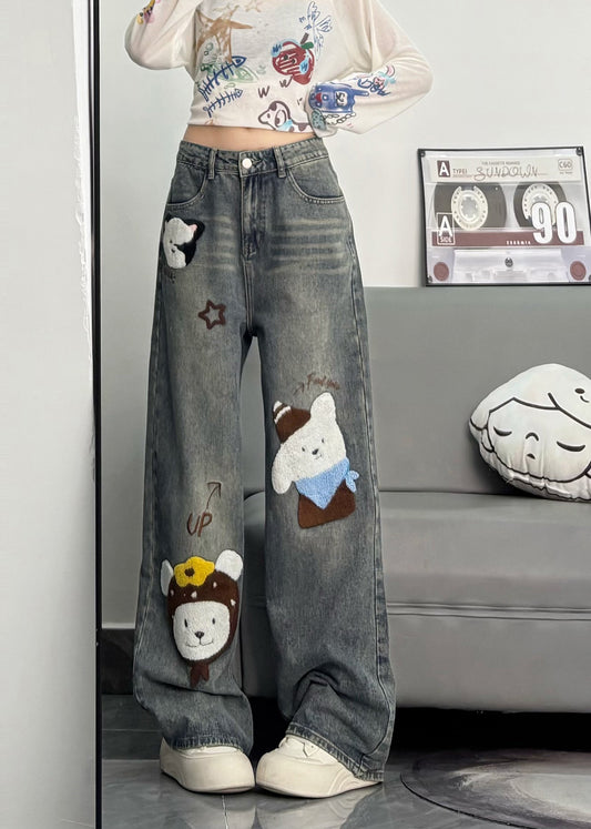 Blue Embroidered Character Denim Pants Spring