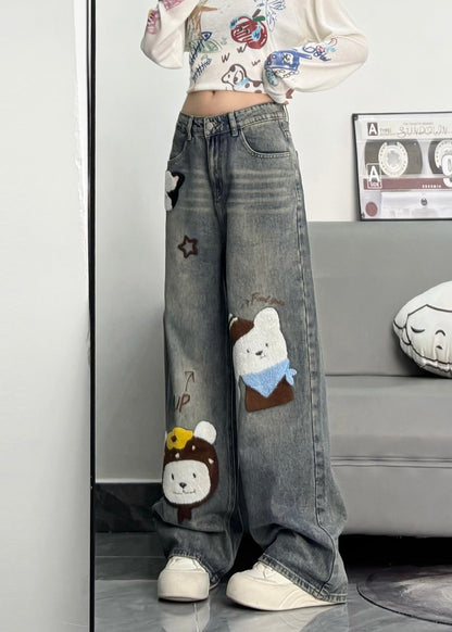 Blue Embroidered Character Denim Pants Spring