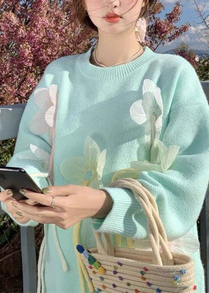 Blue O-neck Thick Cotton Knit Sweater Spring